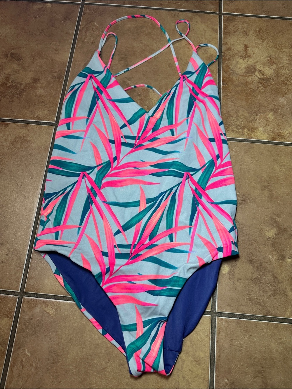 PINK Victoria's Secret Pink & Teal Tropical Print One-Piece Swim